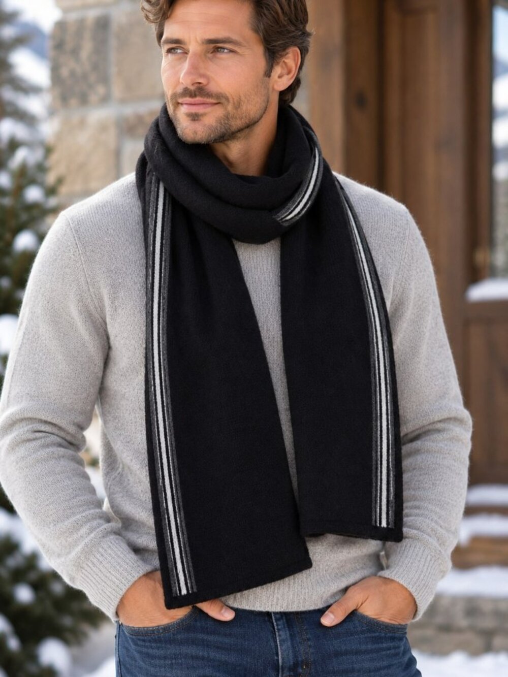 Smartwool Black Wool Scarf Striped Trim 64” Classic Winter Scarf
